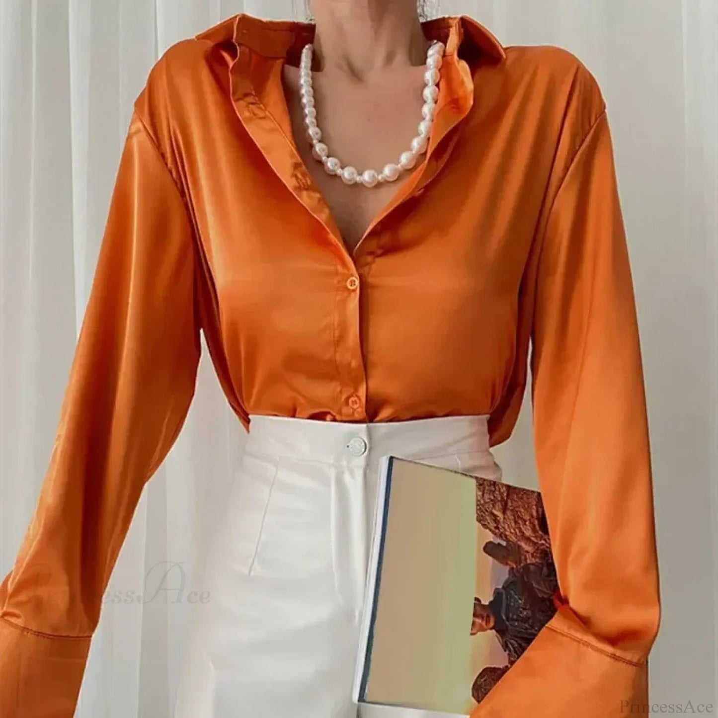 Satin Long Sleeve Vintage Blue Blouse
