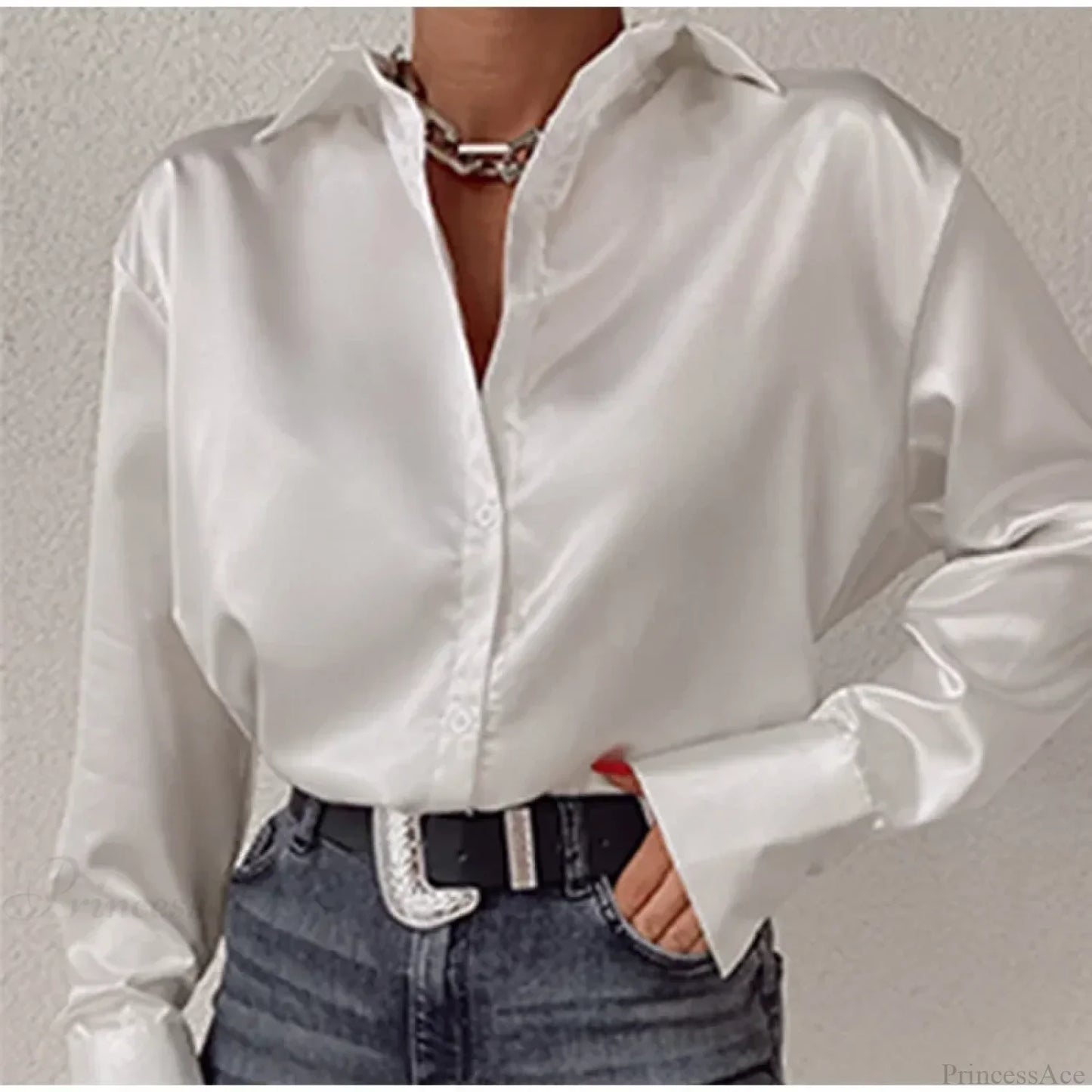 Satin Long Sleeve Vintage Blue Blouse