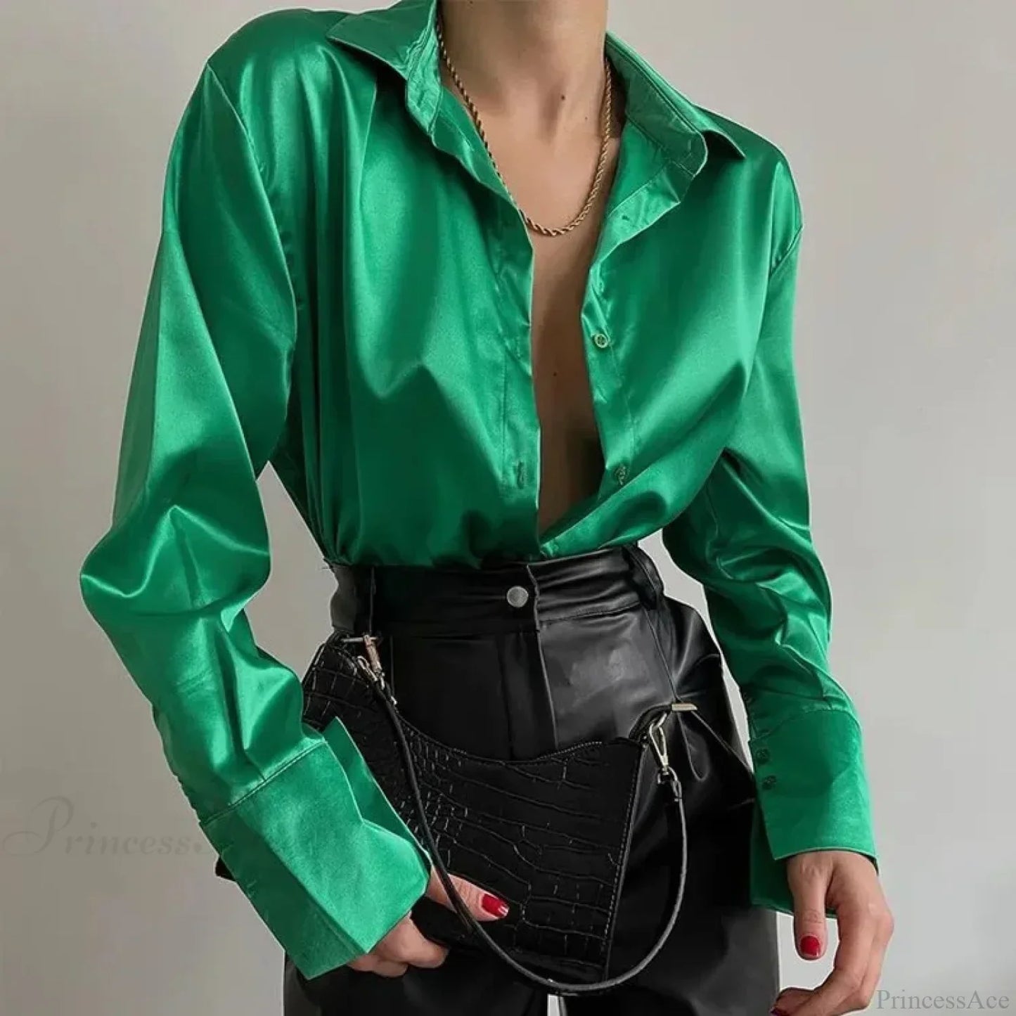 Satin Long Sleeve Vintage Blue Green Silk Button Blouse