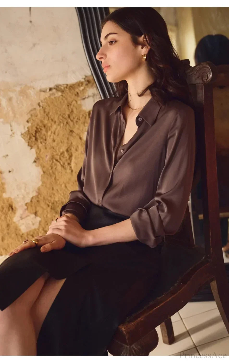 Satin Solid Long Sleeve Polo Neck Blouse