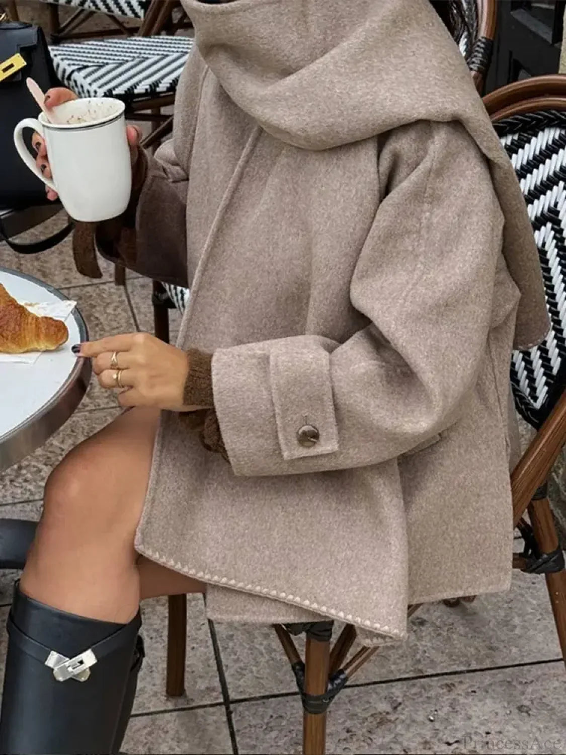 Scarf Collar Woolen Blends Short Coat