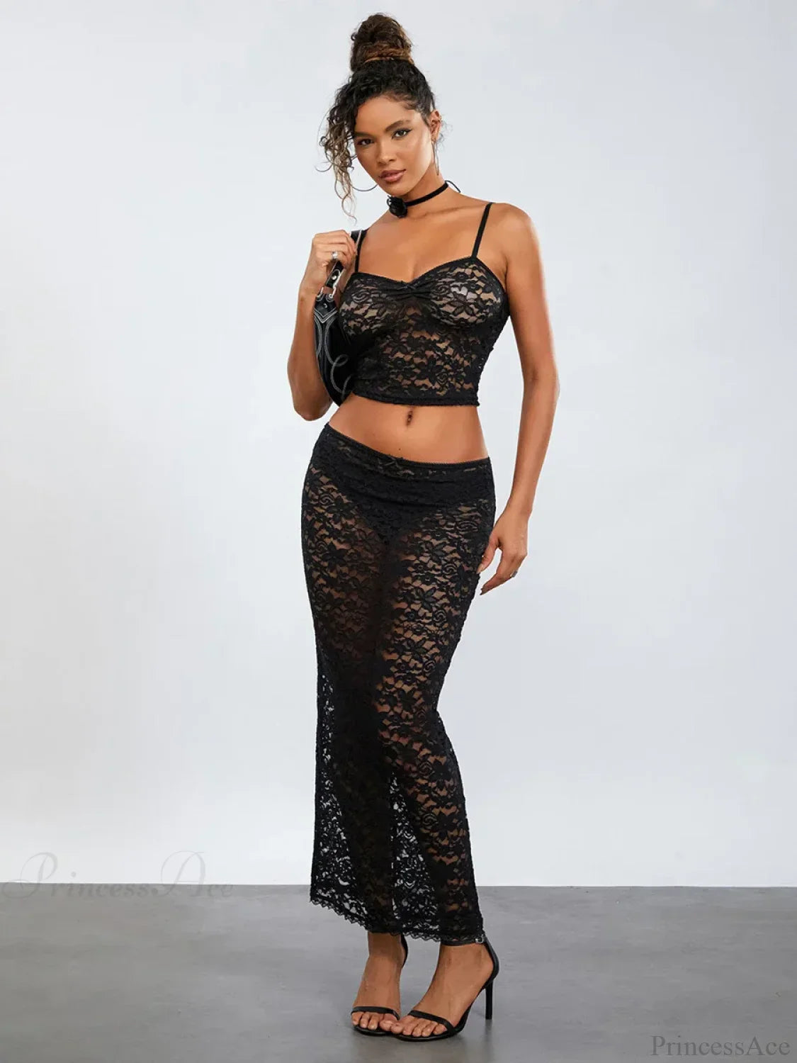 See-Through Black Lace Crochet Camis Crop Top Long Floral Skirt