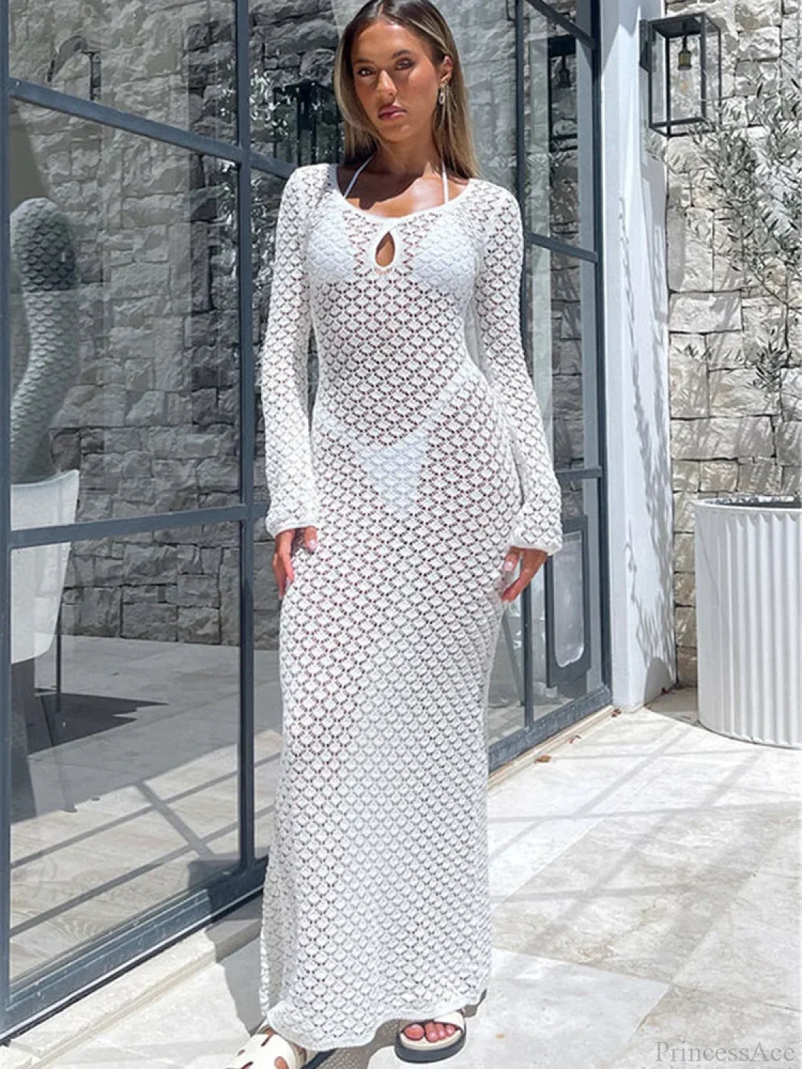 See Through Hollow Out Long Sleeve Cover Up