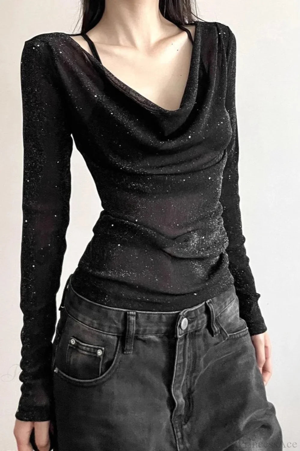 Sequined V-Neck Slim Elegant Long Sleeve Tee