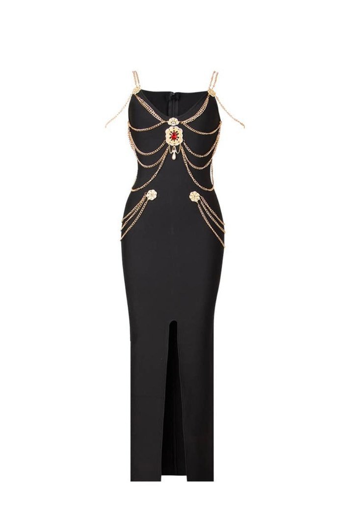 Rocío® | V-Neck Midi Dress With Metal Embellishment