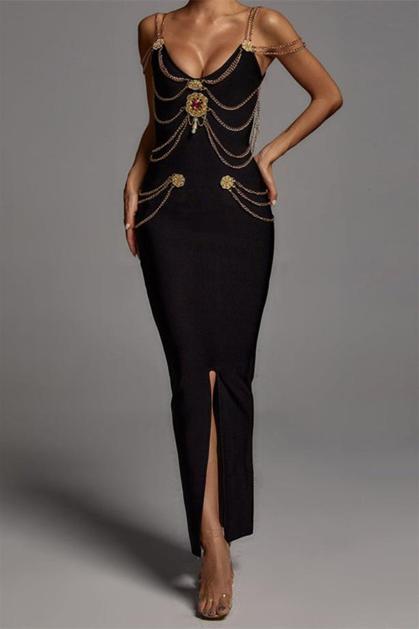 Rocío® | V-Neck Midi Dress With Metal Embellishment