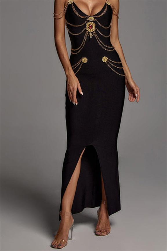 Rocío® | V-Neck Midi Dress With Metal Embellishment