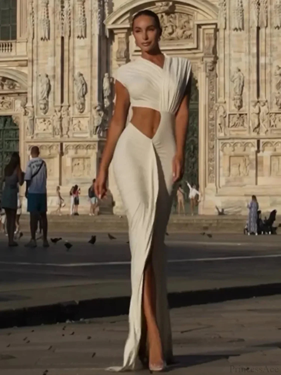 Sexy Asymmetrical Neck Hollow Out White Sleeveless Split Ruched Party Dress