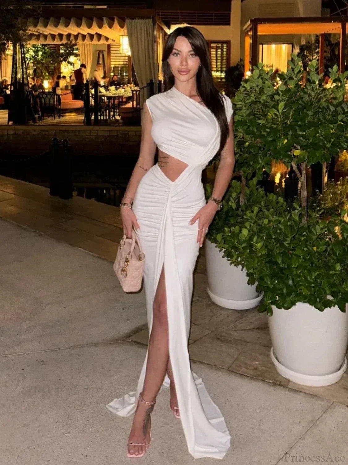 Sexy Asymmetrical Neck Hollow Out White Sleeveless Split Ruched Party Dress