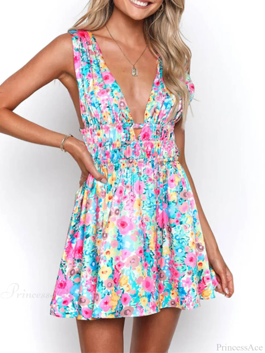 Sexy Backless V-neck Flower Print Mini Floral Dress