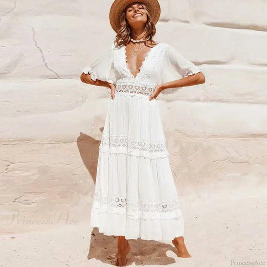 Sexy Deep V-neck Backless Cotton Lace Dress