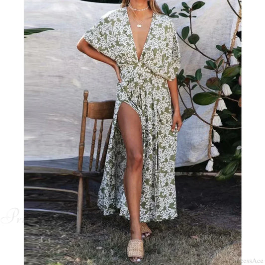 Sexy Deep V-neck Maxi Dress Vintage Floral Print Side Split Boho Dress