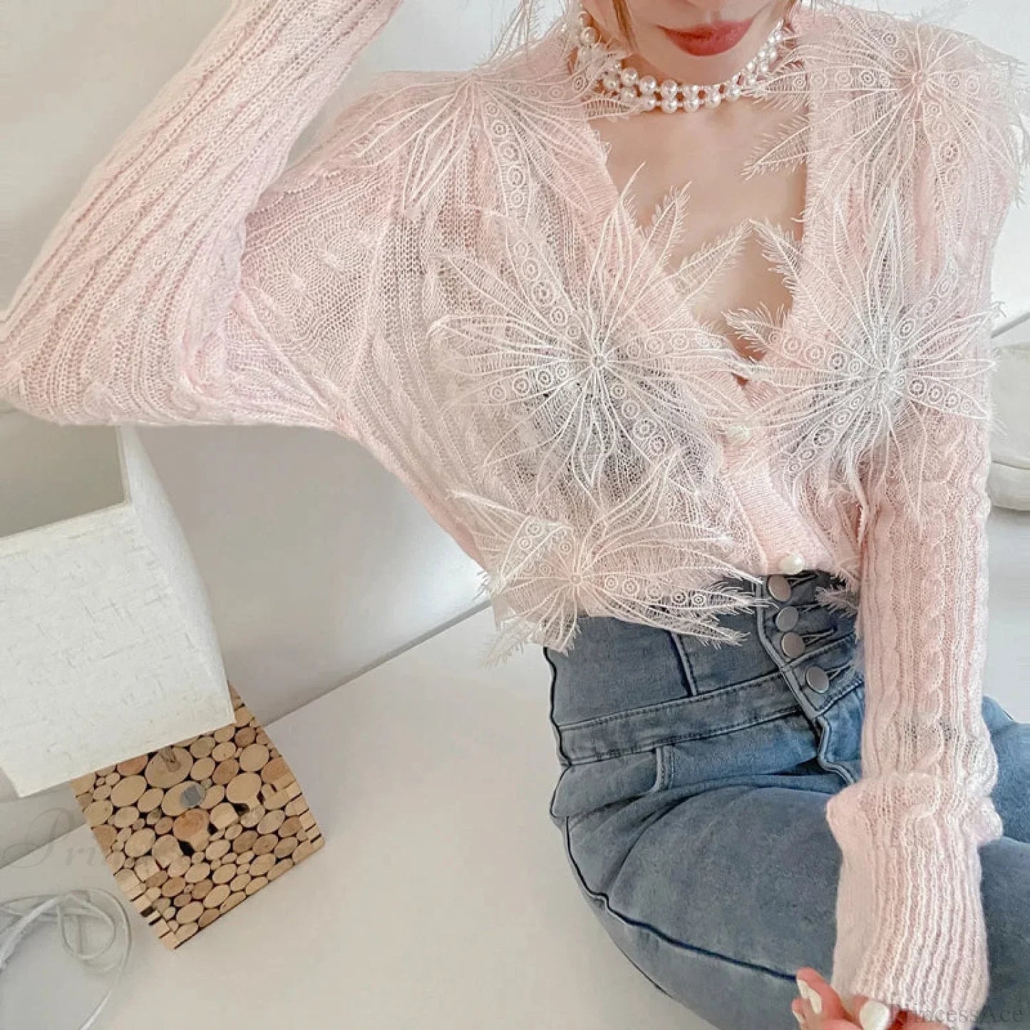 Sexy Embroidered Flower Knitted Blouse Party Blouse