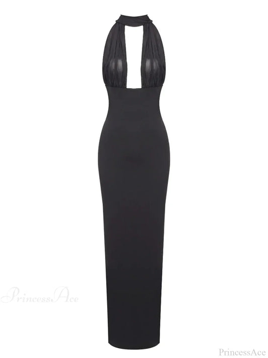 Sexy Halter Backless Mesh Patchwork Black Sleeveless Bodycon Party Dress
