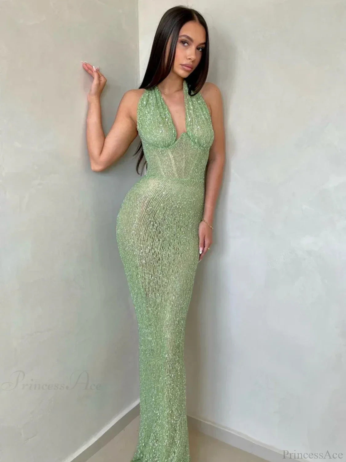 Sexy Halter Deep V Neck Sequins Green Sleeveless Backless Celebrity Party Dress