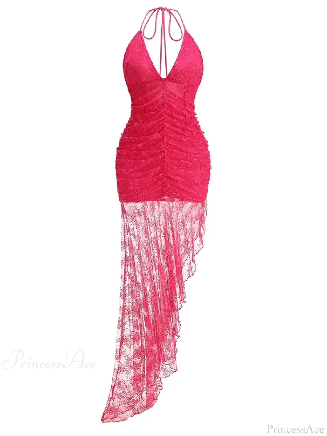 Sexy Halter Lace-up Deep V Neck Lace Ruffles Rose Red Party Dress
