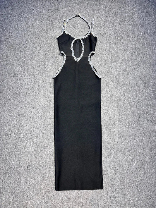 Sexy Halter Neck Sling Hollow Out Crystal Bandage Dress Long Party Dress
