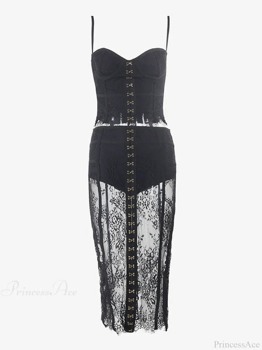 Sexy Lace Two-Piece Black Sleeveless Hook-Front See Through Evening Party Dress