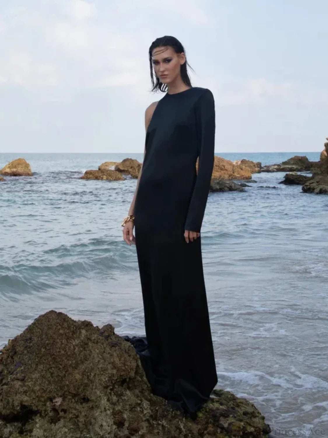 Sexy O Neck One Shoulder Backless Chain Black Long Evening Party Dress