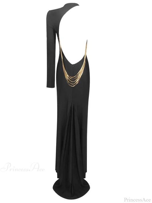 Sexy O Neck One Shoulder Backless Chain Black Long Evening Party Dress