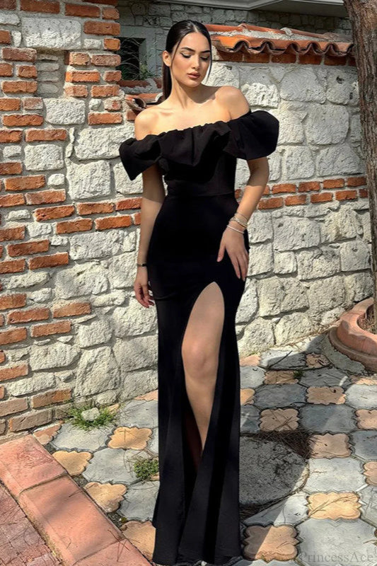 Sexy Off-Shoulder Ruffled Slit Party Dress