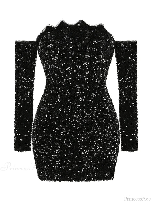 Sexy Slash Neck Long Sleeve Sparkling Sequins Dress Off Shoulder Party Dress