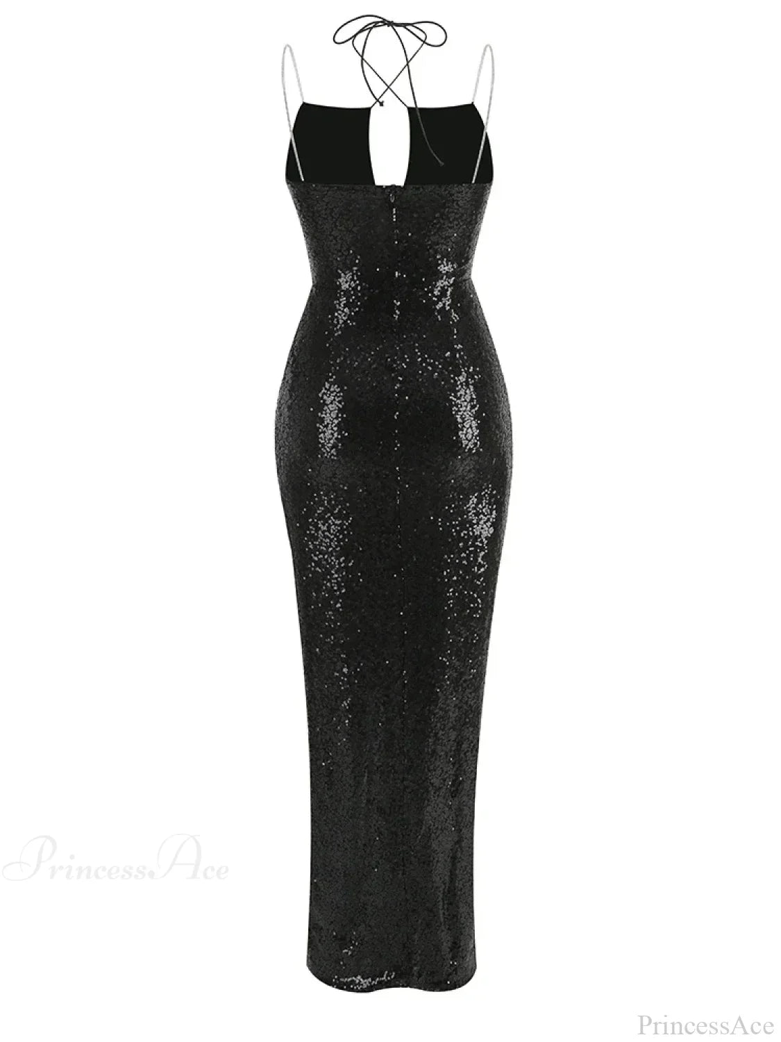 Sexy Sleeveless Cut Out Black Sequins Elegant Backless High Slit Party Dress