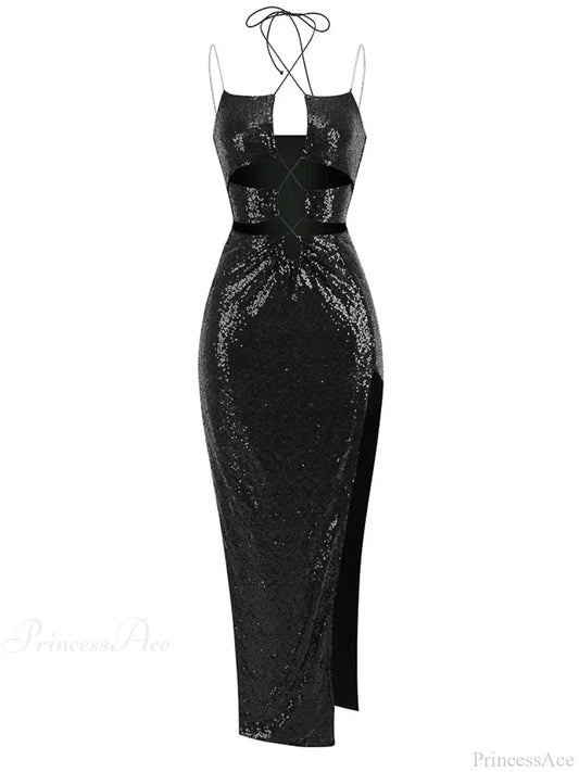 Sexy Sleeveless Cut Out Black Sequins Elegant Backless High Slit Party Dress