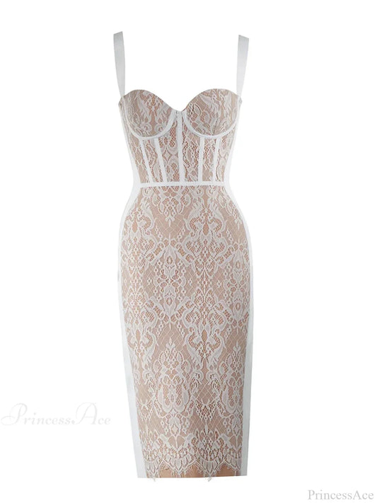 Sexy Sling Square Collar Lace Bandage Sleeveless White Midi Party Dress