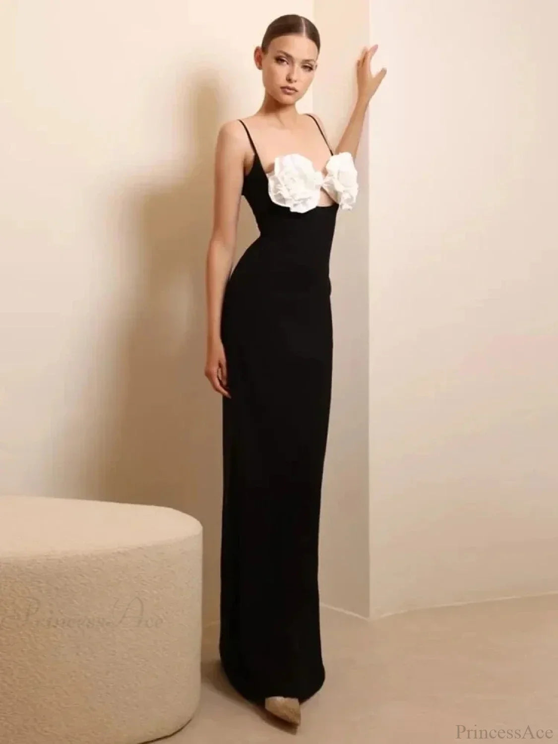 Sexy Spaghetti Strap 3D Flower Bandage Maxi Black Sleeveless Party Dress