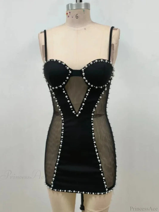 Sexy Spaghetti Strap Mesh Patchwork Pearl Mini Black Sleeveless Party Dress