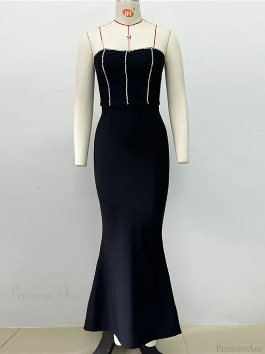 Sexy Strapless Diamonds Chain Bandage Long Black Sleeveless Backless Crystal Party Dress