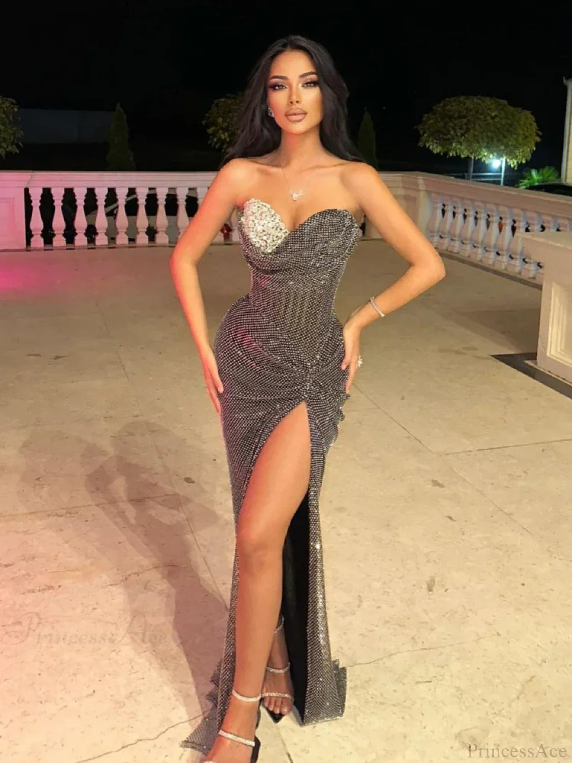 Sexy Strapless Luxury Diamonds Long Dress Shiny Sequins Crystal Folds Party Dress