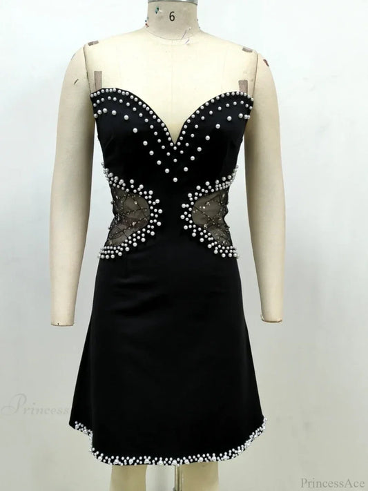 Sexy Strapless Mesh Patchwork Pearl Beaded Mini Black Sleeveless Party Dress