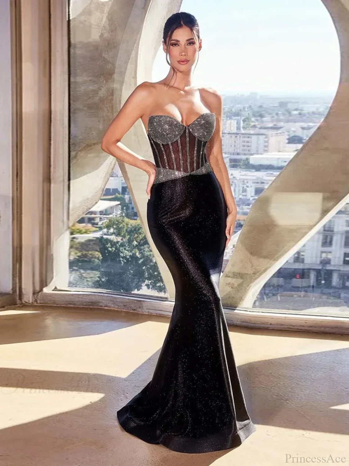 Sexy Strapless Shiny Diamond Maxi Black Off The Shoulder Party Dress