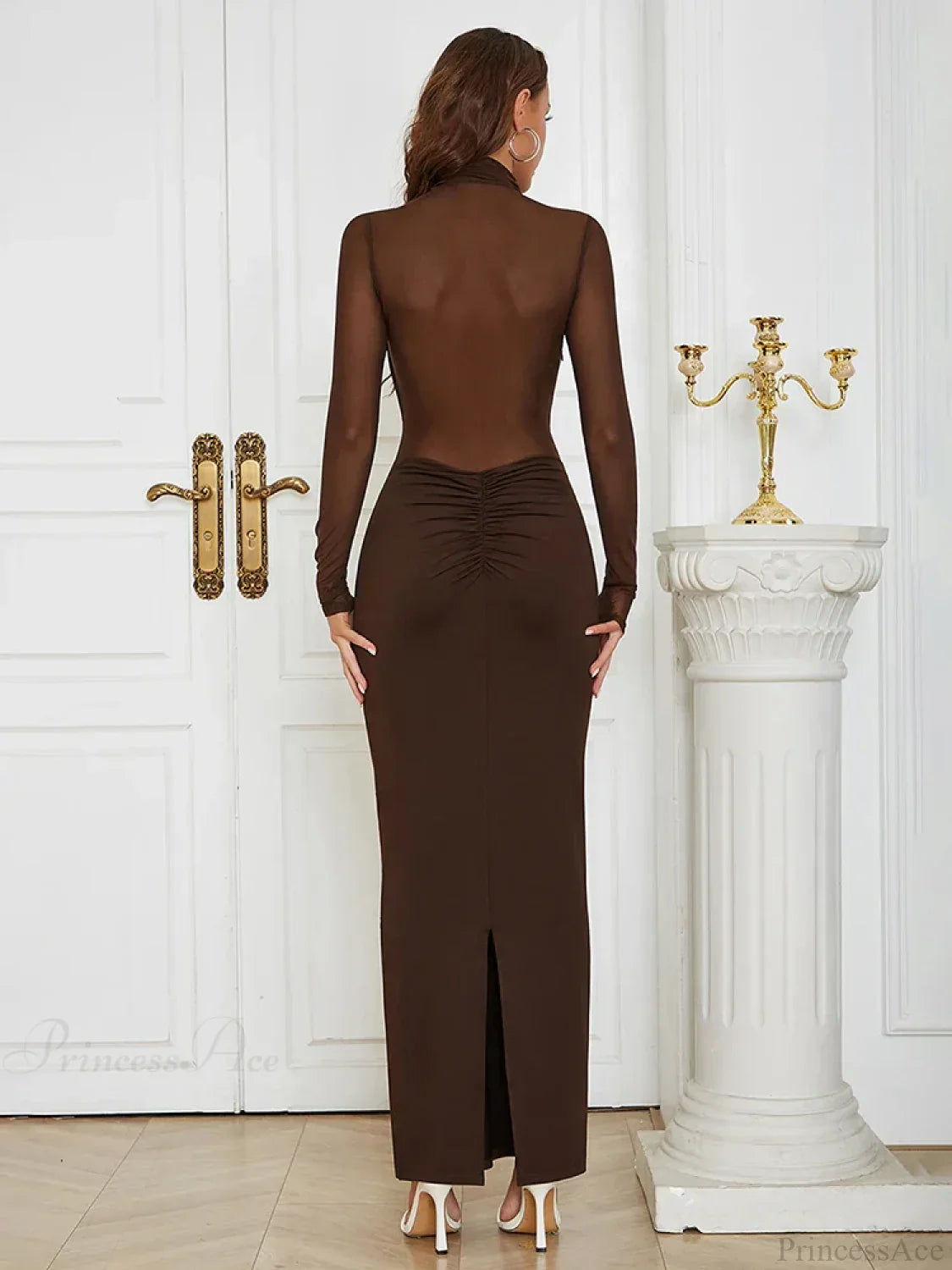 Sexy Turtleneck Mesh Patchwork Folds Brown Long Sleeve Draped Party Dress
