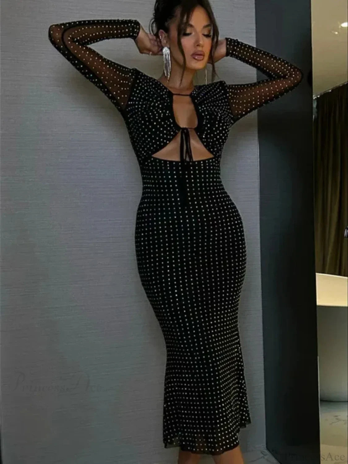 Sexy V Neck Cutout Long Sleeve Glitter Diamonds Black Party Dress