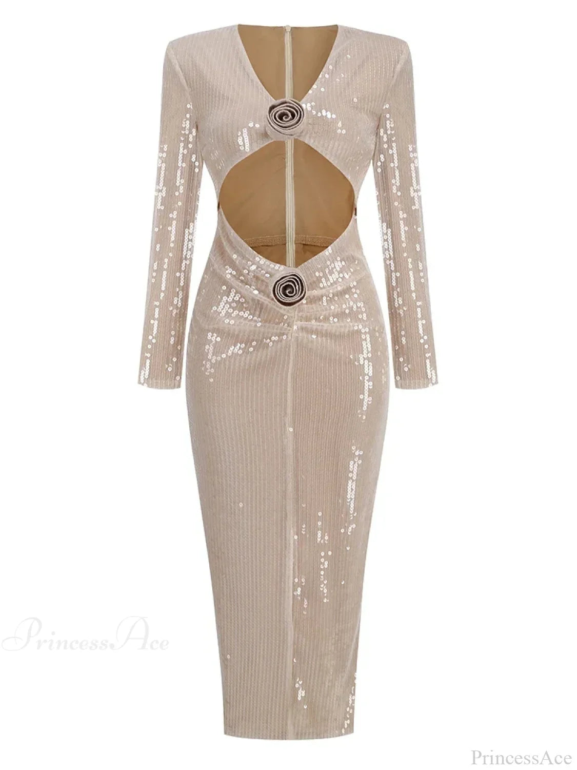 Sexy V Neck Sequins Cutout 3D Flower Dress Long Sleeves Party Dress
