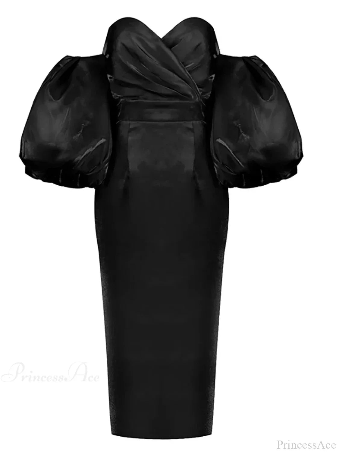 Sexy V-neck Strapless Puff Sleeve Satin Midi Off Shoulder Party Dress