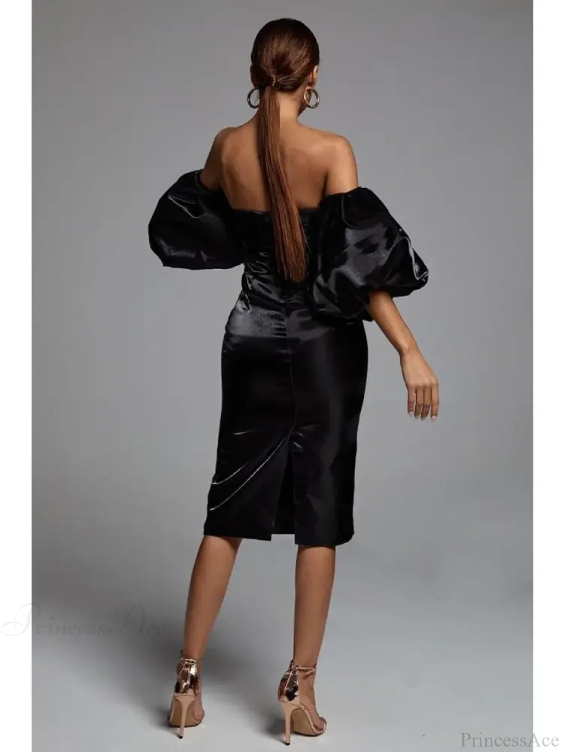 Sexy V-neck Strapless Puff Sleeve Satin Midi Off Shoulder Party Dress