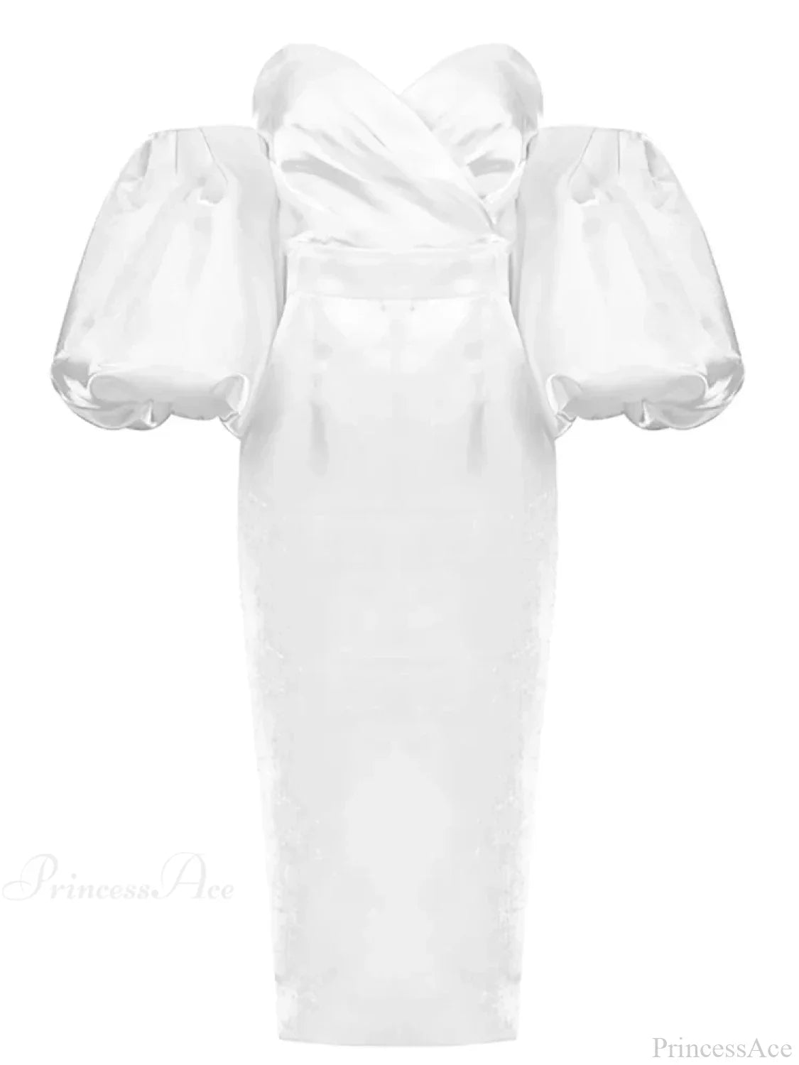 Sexy V-neck Strapless Puff Sleeve Satin Midi Off Shoulder Party Dress