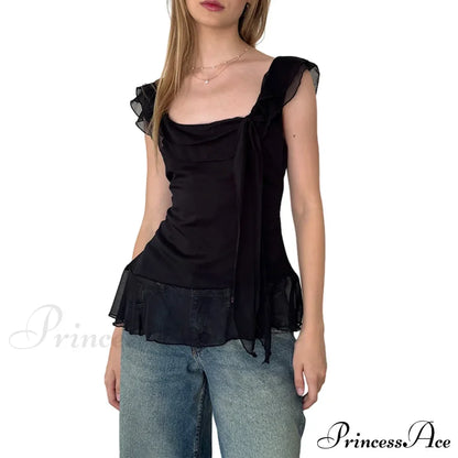 Sheer Mesh Sleeveless Backless 3D Stylish Elegant Trendy Chic Ruffle Crop Top