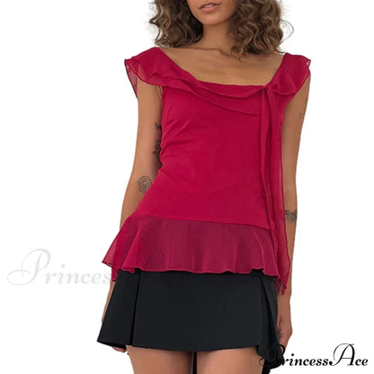 Sheer Mesh Sleeveless Backless 3D Stylish Elegant Trendy Chic Ruffle Crop Top