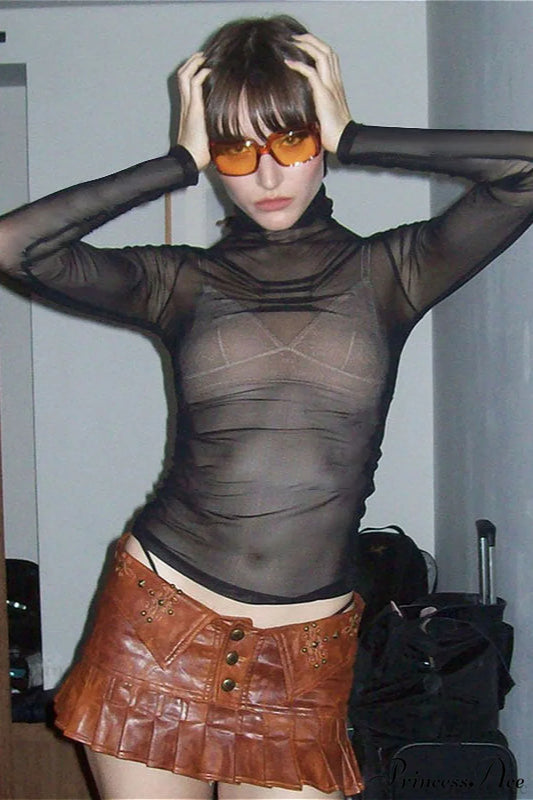 Sheer Solid Turtleneck Long Sleeve Tee