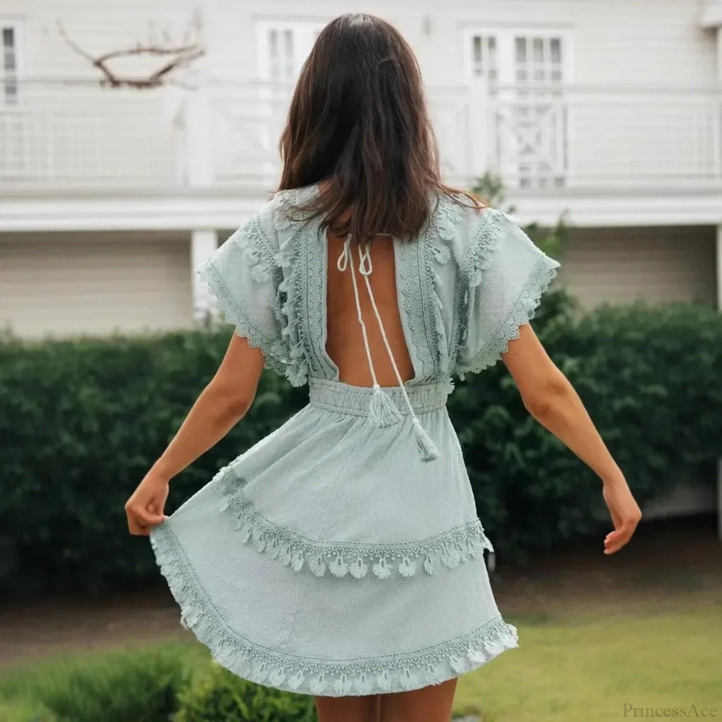 Short Batwing Sleeve Lace Backless Deep V-neck Mini Boho Dress