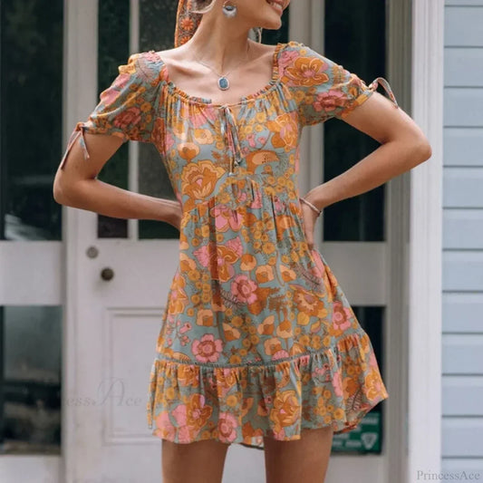 Short Puff Sleeve Mini Dress Vintage Cotton Rayon Orange Floral Print Summer Dress