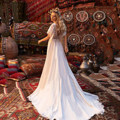 Short Sleeve Deep V-Neck Sheer Wedding Dress