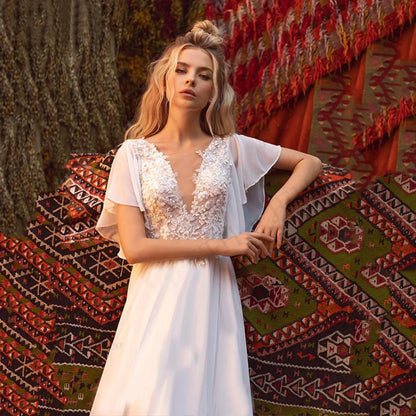 Short Sleeve Deep V-Neck Sheer Wedding Dress