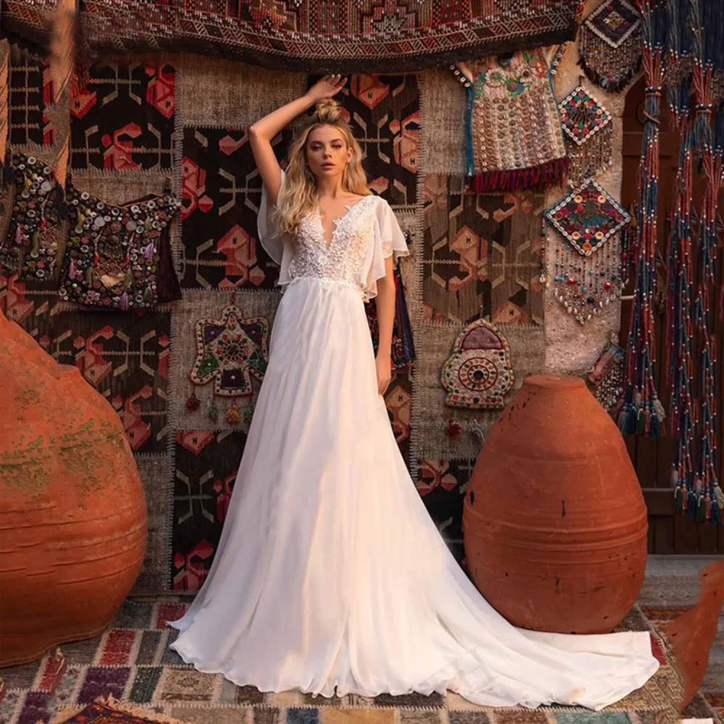 Short Sleeve Deep V-Neck Sheer Wedding Dress