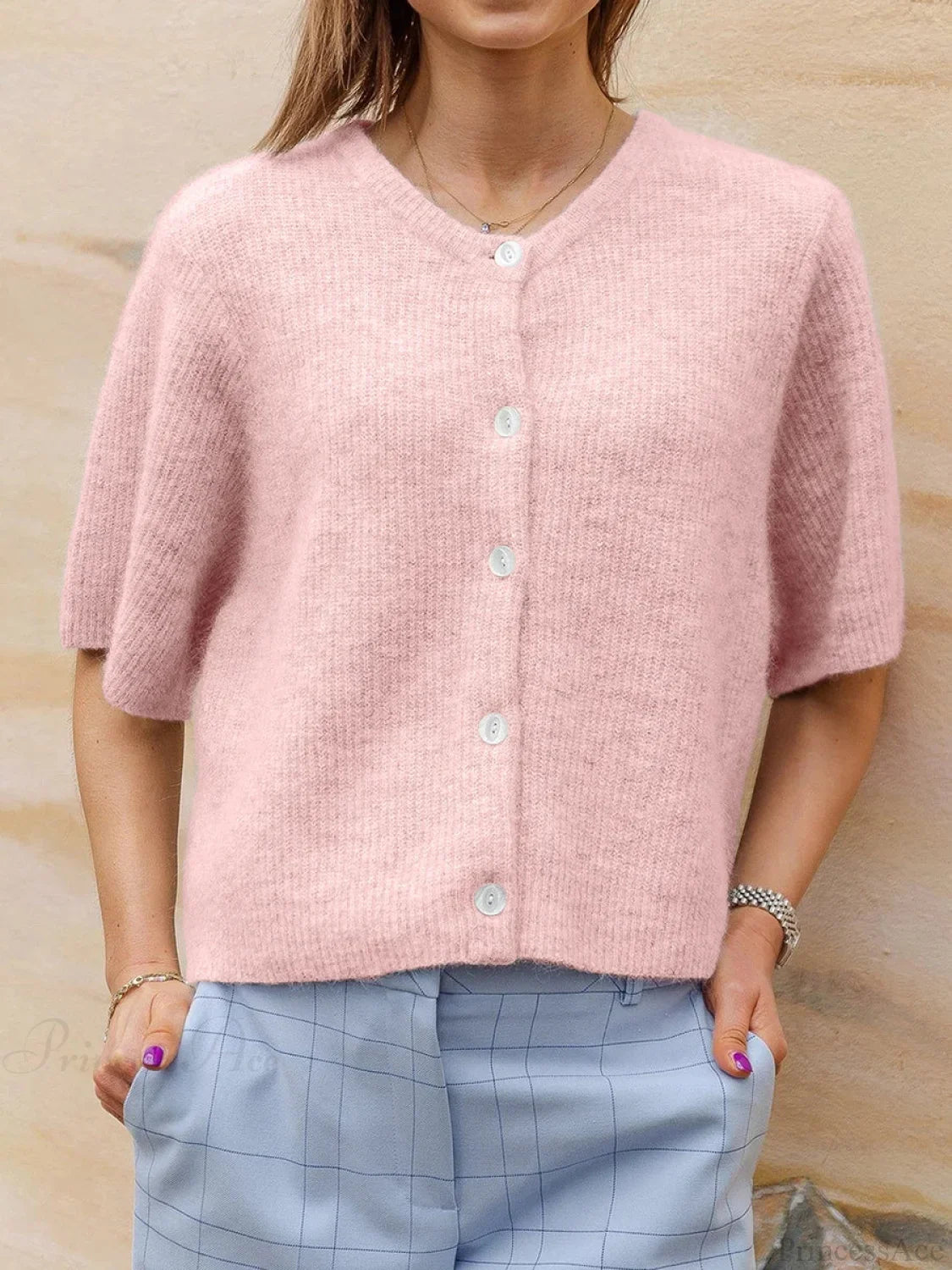 Short Sleeve Round Neck Button-Down Cardigan